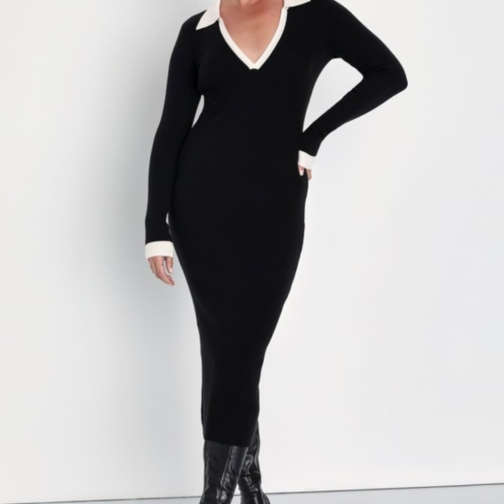 Lulus Successful Sophistication Black Color Block Midi Sweater Dress - Size M